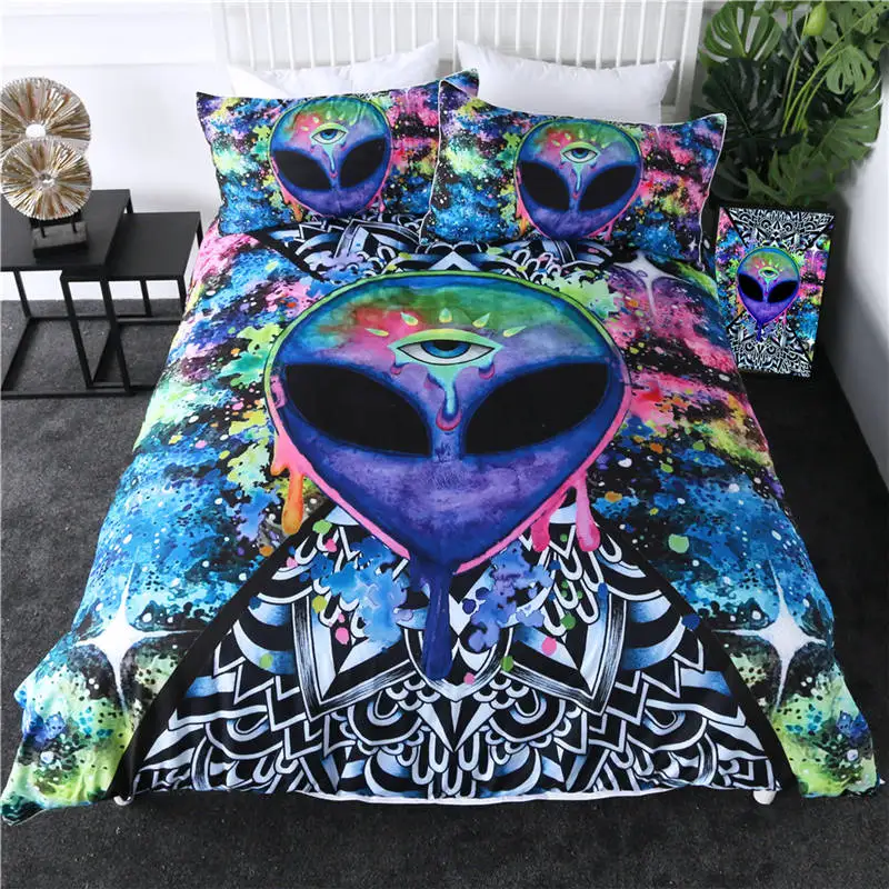 Chaos By Brizbazaar, Комплект постельного белья, королева, цветной череп, пододеяльник, галактика, мандала, готический Комплект постельного белья, 3 предмета, Вселенная, Крутое постельное белье - Цвет: Trippy Alien