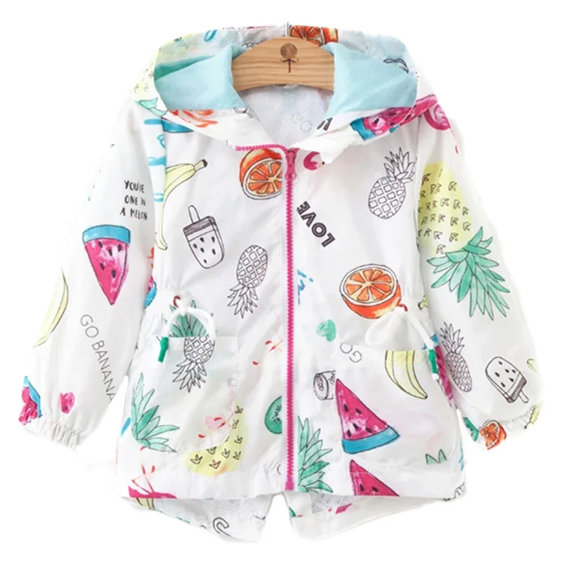 Ветровка демисезонная для девочек с капюшоном и мультяшным принтом|Куртки