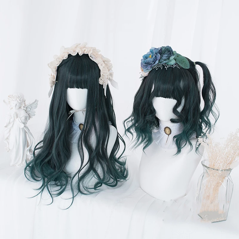 

Dark Green Lolita Wig Harajuku 60cm Long Curly Body Wave Synthetic Hair Fringe Bangs Adult Girls Party Hair