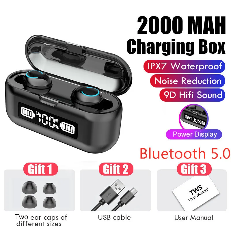 

TWS Wireless Bluetooth Earphones Waterproof Sports Headphone 9D Hifi Stereo Earbuds Noise Canceling Headset for Smart Phones