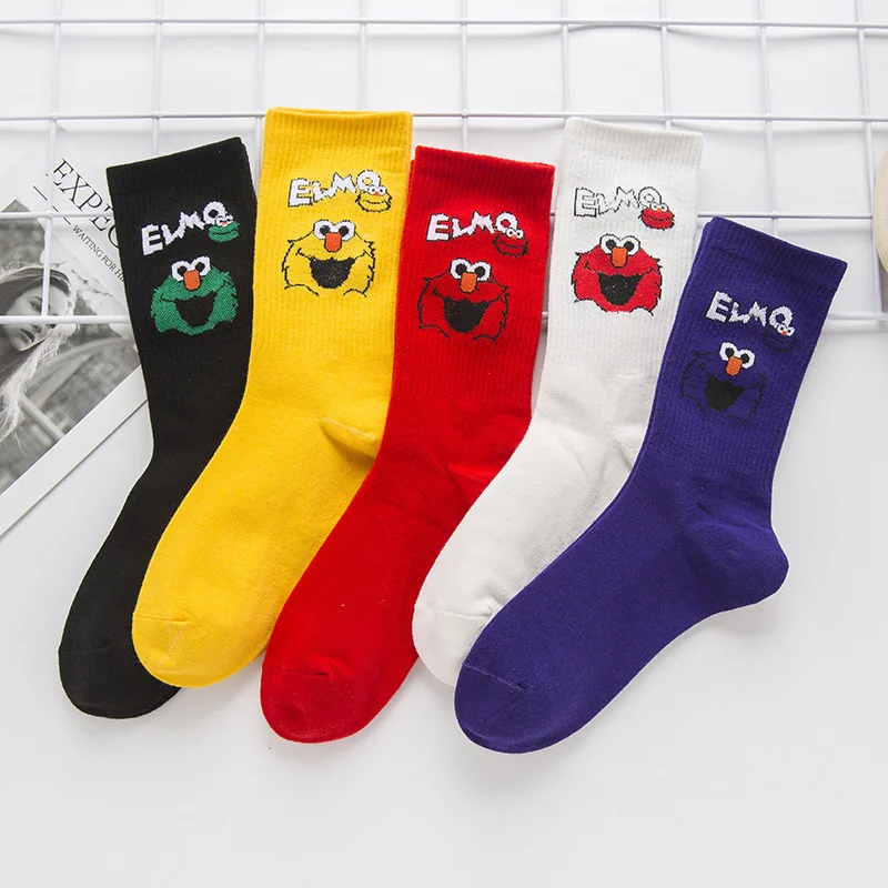 Women Socks Sesame Street Cartoon Cosplay Elmo Cookie Monster Funny Cute Kawaii Cotton Sock Long Sox Streetwear Woman Soks | Женская
