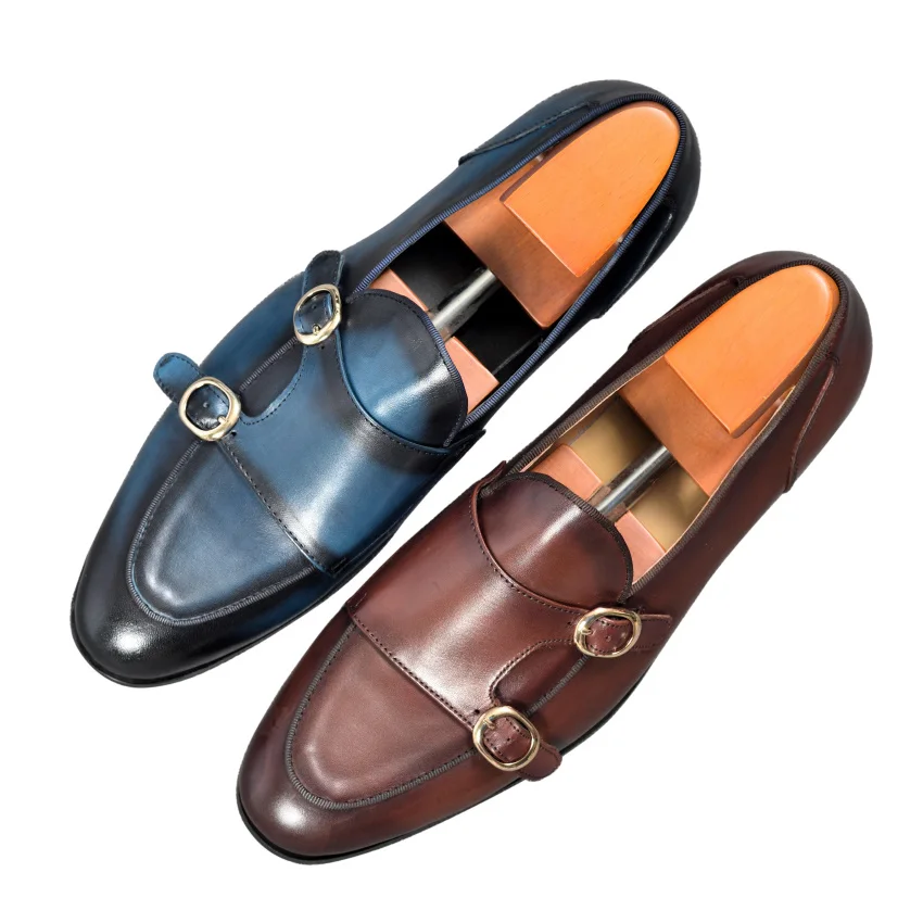 Genuine Leather Mens Casual Shoes Brown Blue Color Office Business Oxford Double Buckle Strap Italy Style Shoe | Обувь