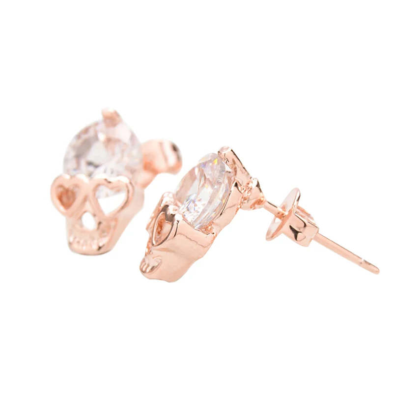 Women Plastic Earrings Cute Heart Eyes Skull Earring Small Jewelry Rose Gold Color Trendy Shining Crystal Stud | Украшения и