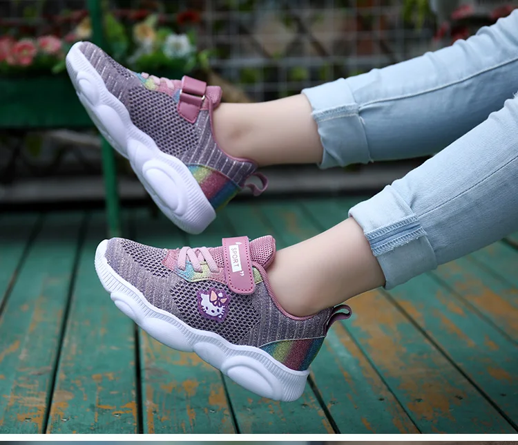 Hello kitty/детская обувь для девочек; осенние детские спортивные повседневные кроссовки; Высококачественная сетчатая обувь для девочек; дышащая обувь; светильник