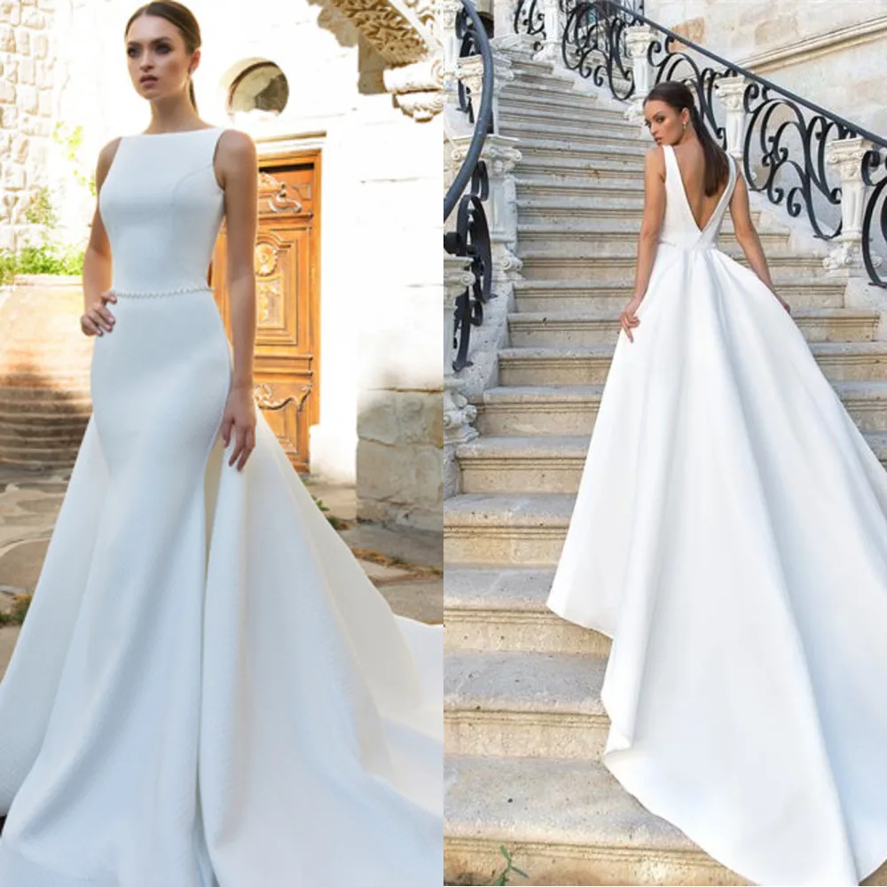 

Элегантные атласные свадебные платья русалки Vestido De Noiva, съемное пальто, винтажное свадебное платье 2020