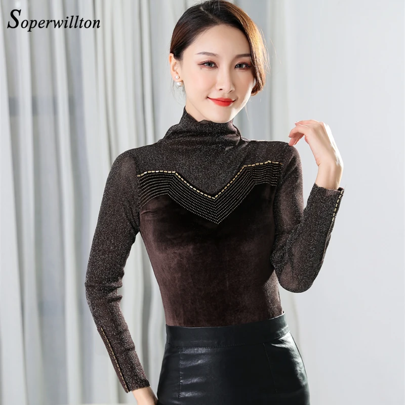 Эластичная облегающая сетчатая блузка женские топы водолазка алмаз длинный