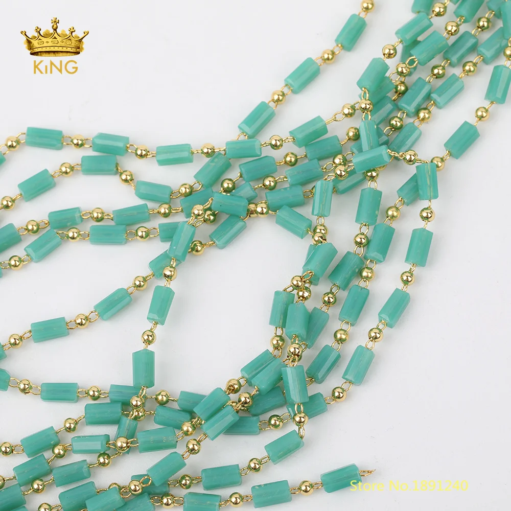 

5meters Small Green Crystal Glass Chains,Rectangle Glass Wire Wrapped Gold Charm Copper Chains,Body Chains