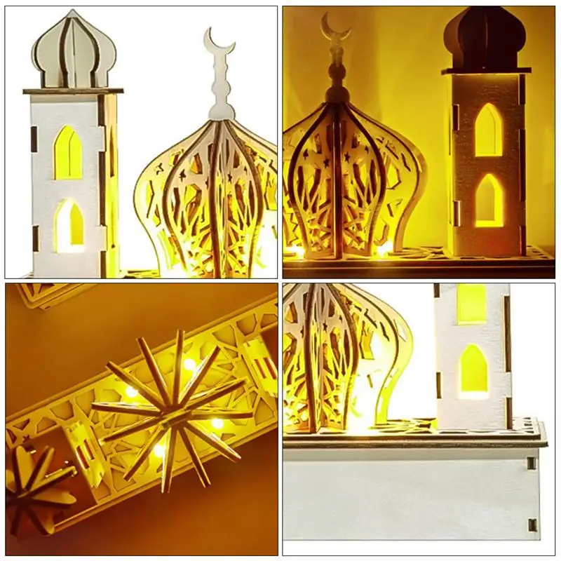 

1 Set Eid Mubarak Light Wooden Palace Light Decorative LED Light Without Battery