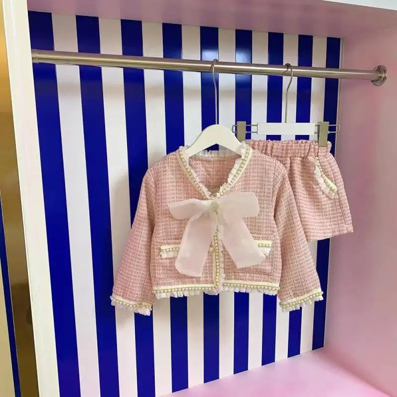 

Designer children's clothing 2021 early autumn girl new product small fragrance suit with bow tie, little sweet girl style, fash