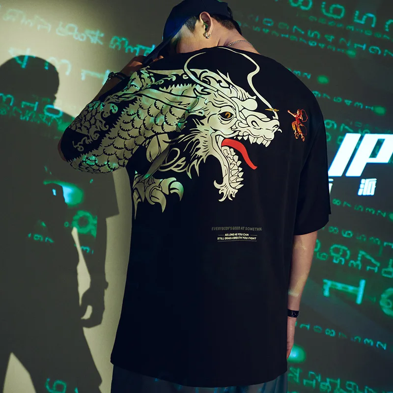 2020 Summer men's t-shirt loose large size personalized cotton tide short-sleeved T-shirt male Chinese style Nezha embroidery | Мужская