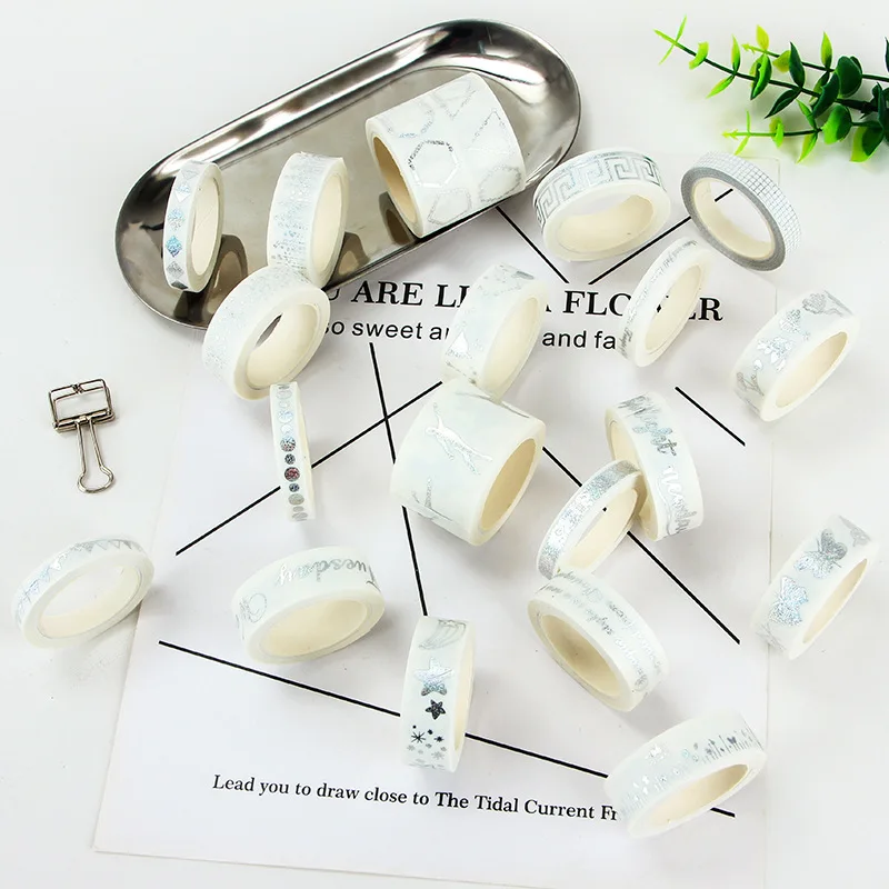 

Hot Stamping Silver Foil Wide Washi Tape Scrapbooking Decorative Sticker DIY Album Star Moon Lace Border Tapes Home Decoration