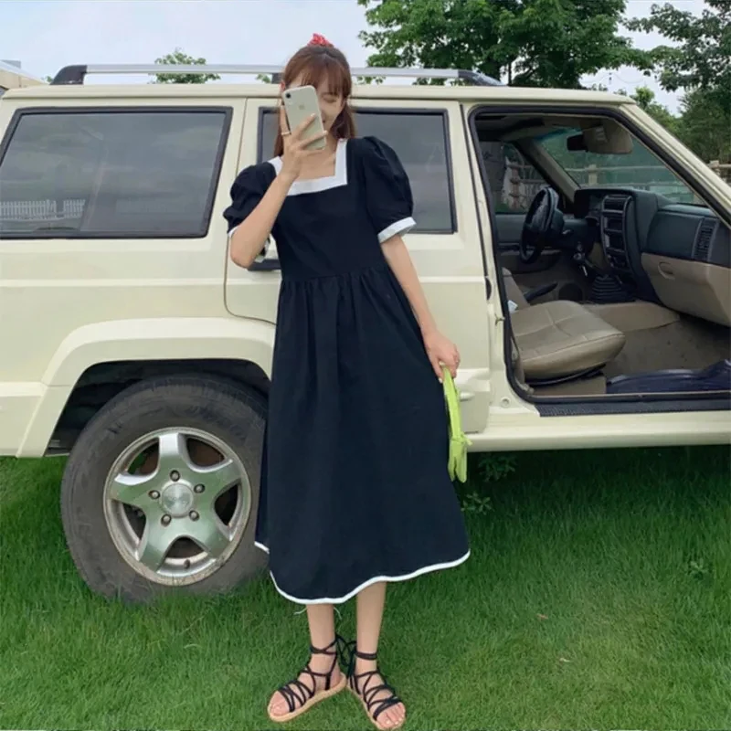 

Summer French Square Collar Back Bow Women Dress Korean Style Sweet Slim Preppy Midi Dress Casual High Waist Loose A-line Dress