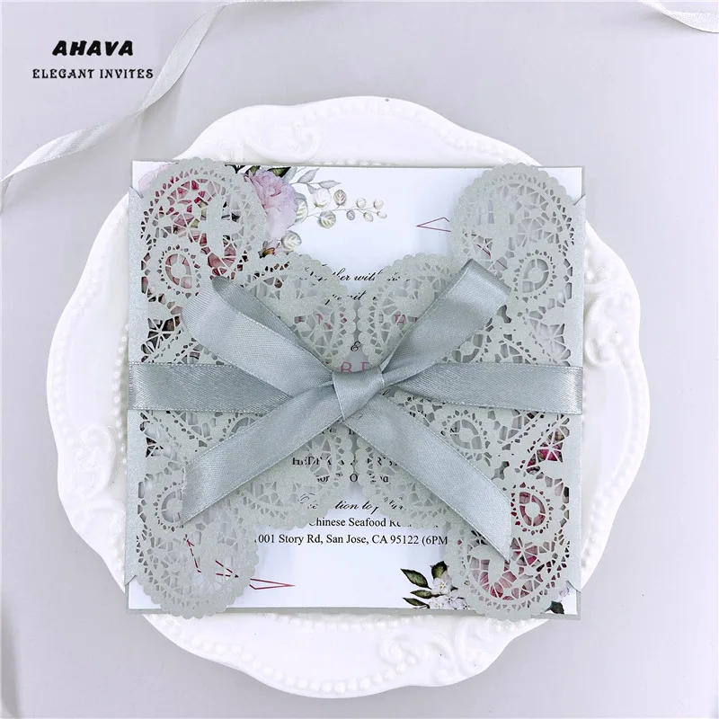 

(50 pieces/lot) Grey Lace With Bowknot Wedding Invite Card Laser Floral Engagement Birthday Baptism Invitations