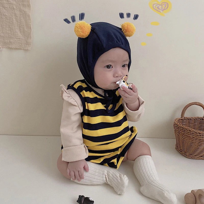 

Baby Clothing 2022 Spring New Cute Long-Sleeve Little Bee Modeling Jumpsuit Newborn Baby Boys Girls Romper Send Hats 3-24 Months