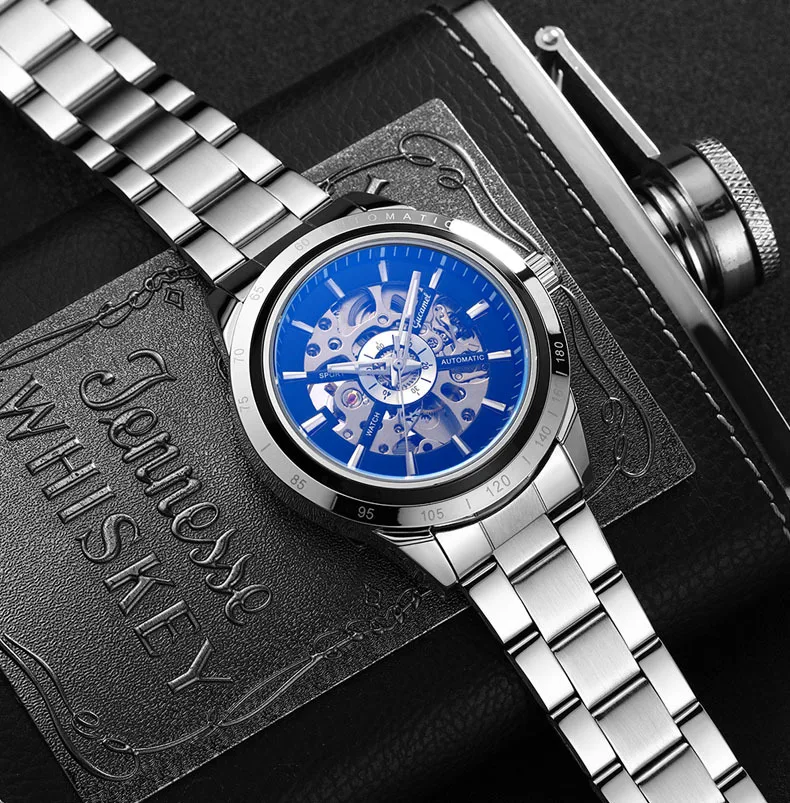 

P129 Skeleton Mechanical Watch Fashion Men Stainless steel Automatic AAA Watch Sport BusinessWristwatch Relogio Masculino