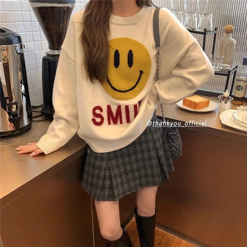 

Smiling Face Knit Sweater Jumper Slogan Happy Without You Women Cozy Long Sleeve Pullover Sweaters Winter Knitwear