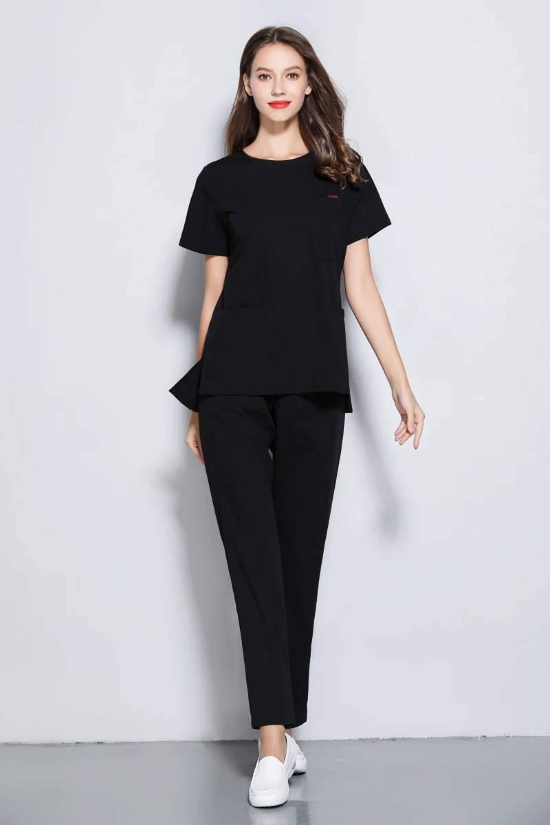 Women's Summer Black Workwear Women Short Sleeve Dental Clinic Uniforms Set Three Design Top and Long Pant Workingwear | Тематическая