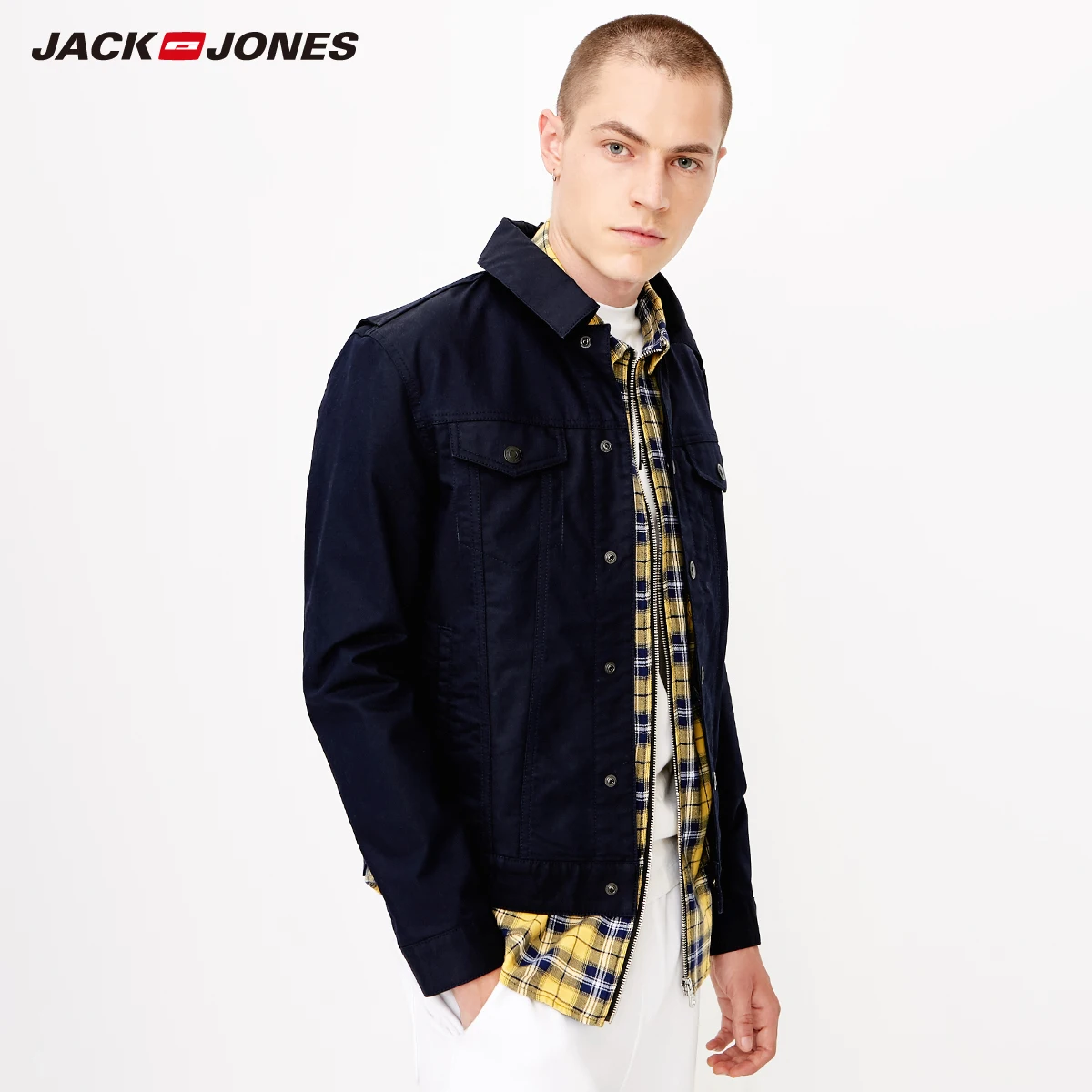 Jack Jones Осенняя однотонная джинсовая куртка с длинными рукавами | 218357504 Мужская
