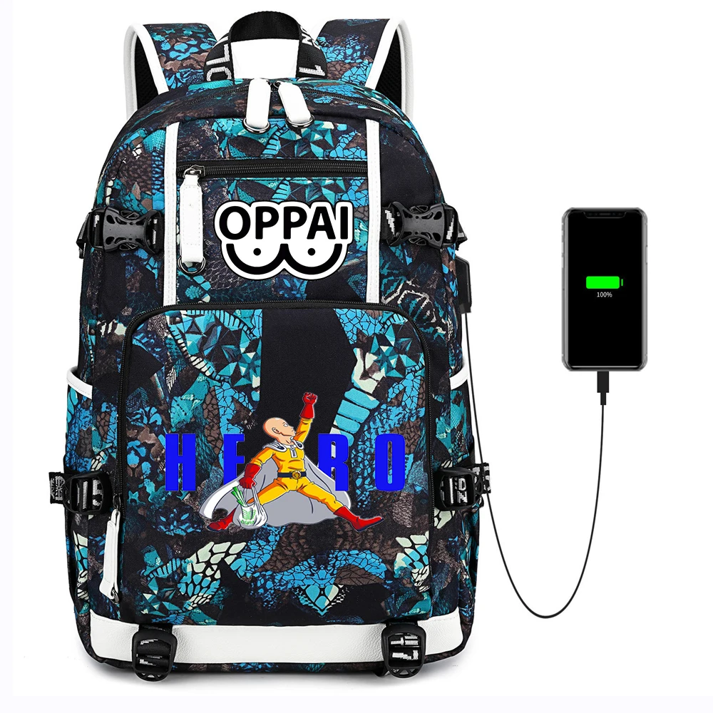 

Холщовый рюкзак для мужчин с USB-зарядкой и принтом Аниме One Punch, повседневная школьная сумка на молнии, ранец на плечо для ноутбука, дорожная с...