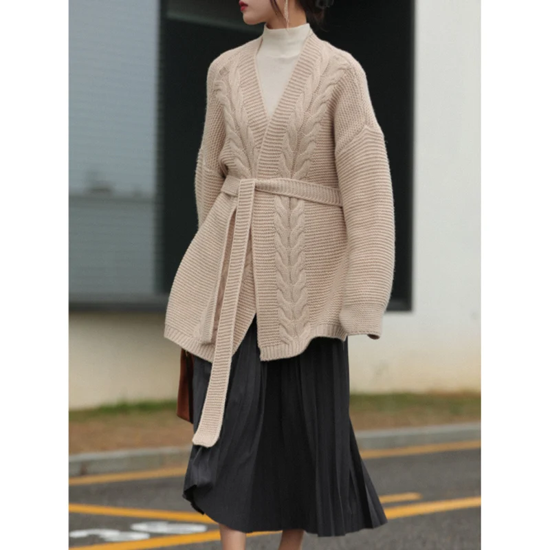 Женский шерстяной длинный кардиган плотный теплый свитер из грубой шерсти