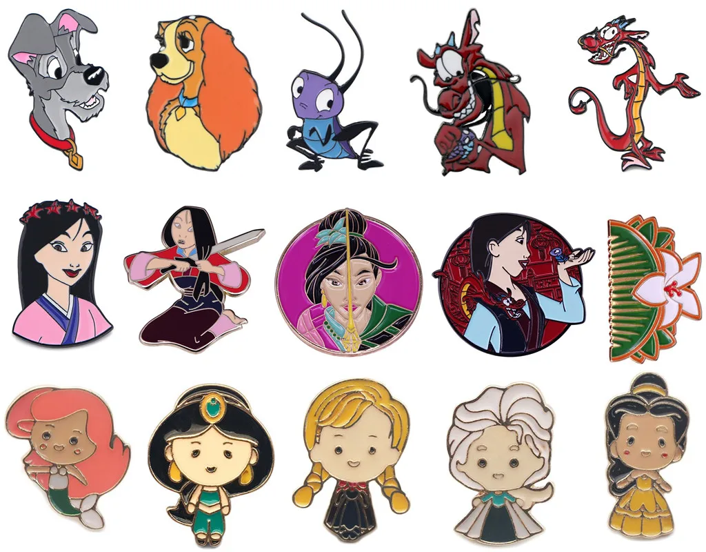 

Disney Cartoon Brooch Cute Princess Mermaid Mulan Musu Dragon Metal Badge Couple Children Pins Jewelry Gift Costume Accessories