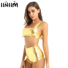 Women Pole Dance Clothing Burning Latex homme Shorts Racer Back Crop Top Shiny Rave Festival Outfit Party Sexy Punk Costumes