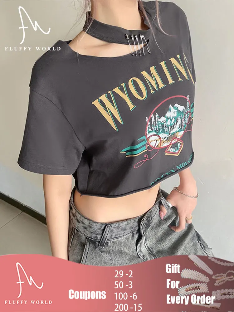 

Женская короткая футболка в стиле Харадзюку, Повседневный хлопковый кроп-топ с коротким рукавом и графическим принтом, с круглым вырезом, в ...