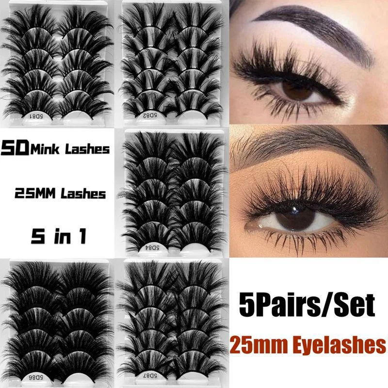 

5Pairs 25mm 3D Natural Thick Wispy Beauty Dramatic Makeup Tool 100% Mink Hair 5D Fluffy Extra Long Lashes False Eyelashes Black