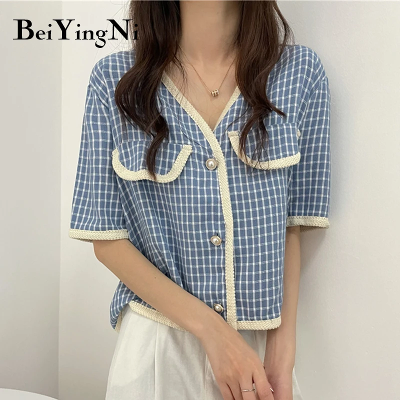 

Beiyingni French Vintage V-neck Plaid Shirts Women Short Sleeve Buttons Loose Slim High Street Blouses Womans Casual Blouse Lady