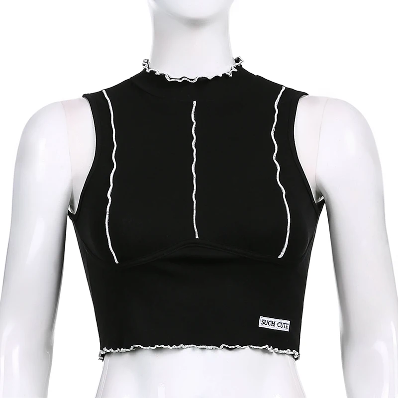 

Waatfaak Patchwork High Neck Tank Top Women Street 90S Grunge Clothes Crop Top Gothic Hipper Y2K Aesthetic Black Vintage Tops