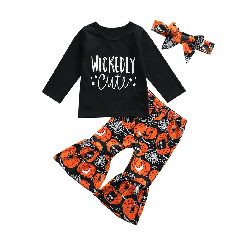 

Fashion Girls T-shirt and Trousers Suit Letter Long Sleeve Tops and Halloween Trumpet Pants with Headband Toddler Baby Clothing