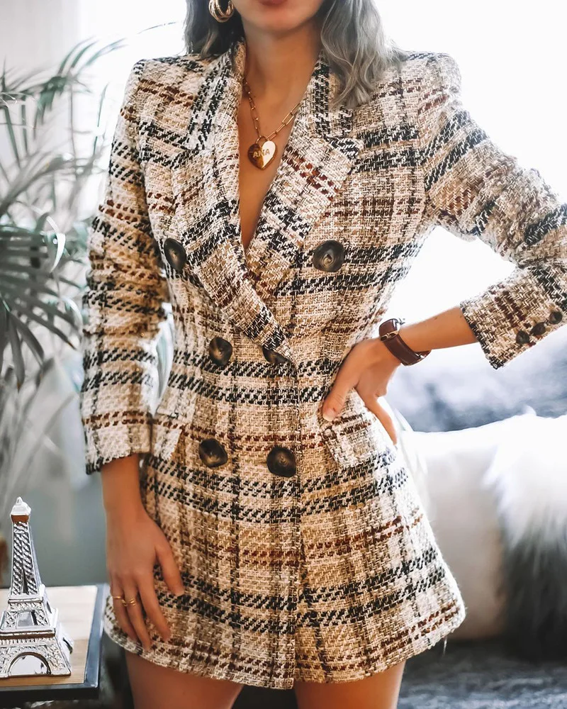 

Women Long Sleeve Coat Double-breasted Fashion Printed Plaid Woolen Tops Tweed Suits StreetwearJackets Femme Office Ladies 2021