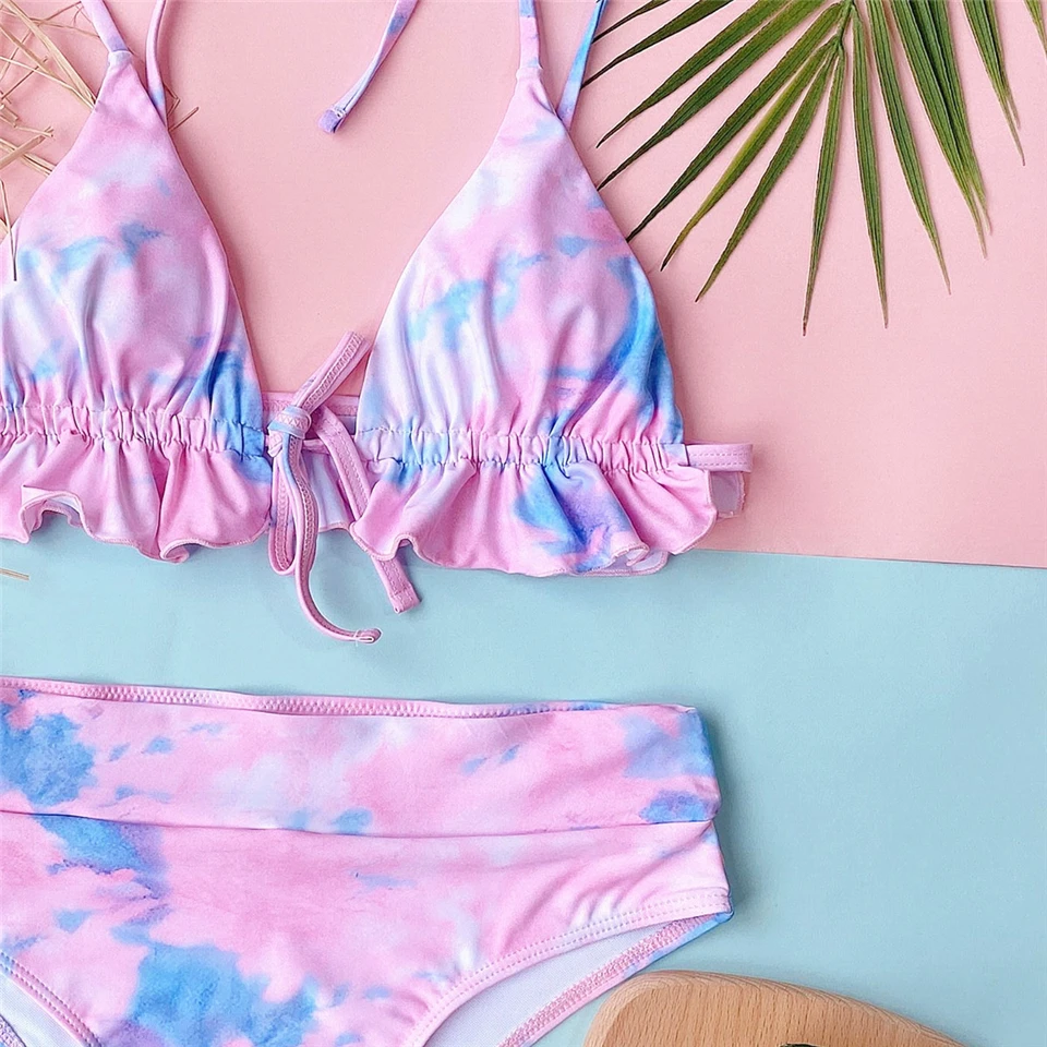 

Women Swimsuit Tie Dye Bikinis Set Sexy Bathing Suit Ruffles Swimwear High Waist Beach Wear Quick Dry Separate Swimsuit Triangle