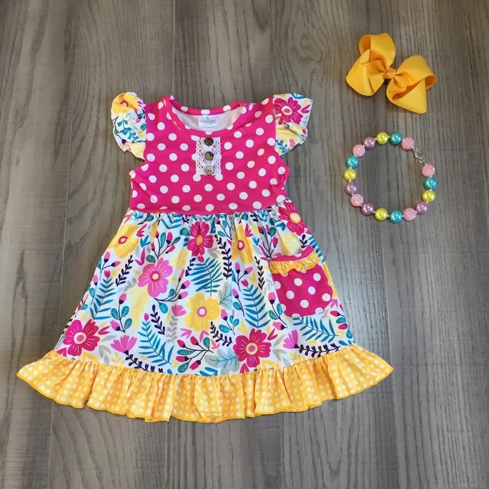 Летнее платье для маленьких девочек ярко розовое желтое цветочное с карманами в