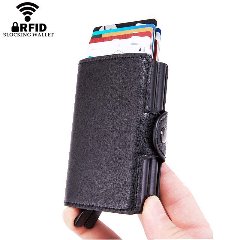 RFID защита мужской держатель для кредитных карт двойная алюминиевая коробка металлический корпус Crazy Horse кожаный Противоугонный ID дорожный кошелек для женщин