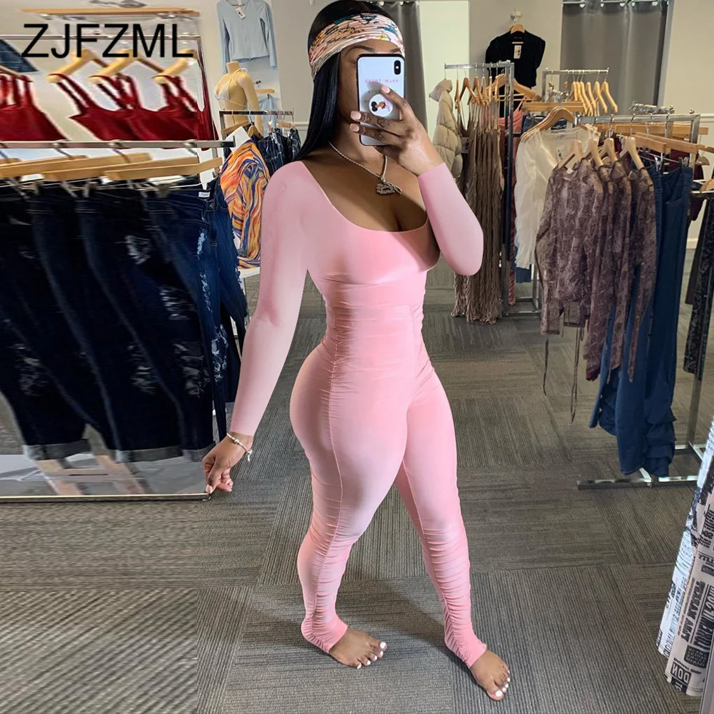 

Комбинезон женский облегающий с рюшами, пикантный ромпер с низким вырезом и длинным рукавом для фитнеса, уличная одежда, бандажный комбинез...