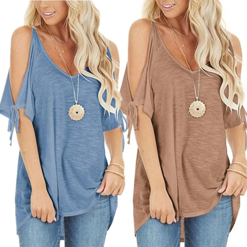 

New Summer Women's Bow T-shirt Sexy Off Shoulder Lace-Up Loose street Pullover Tops Casual Women Beach Blue Black Pink T-shirts