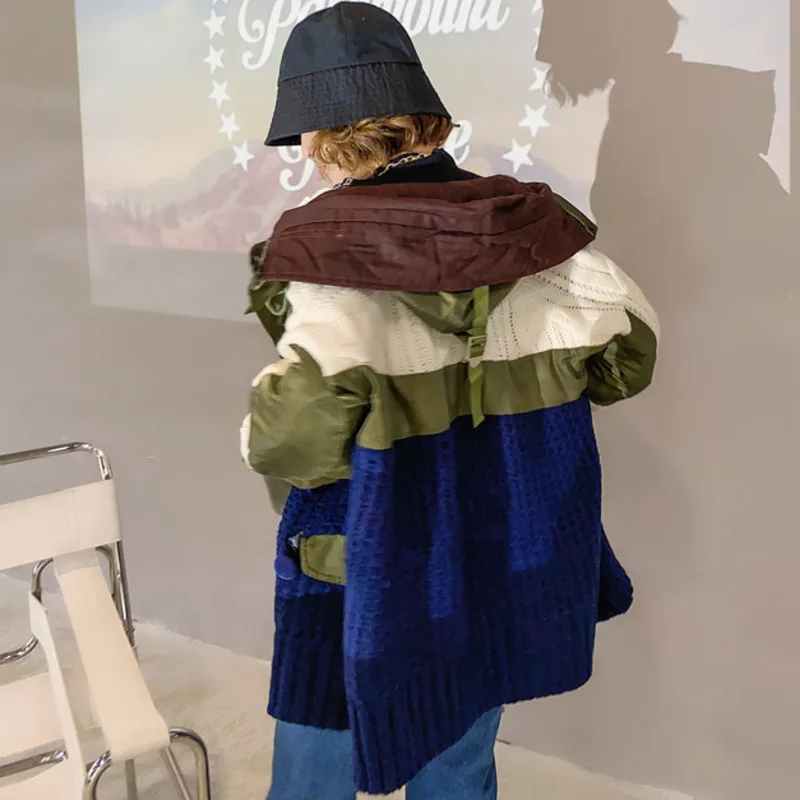 Vefadisa Black Green Plus Size Patchwork Hooded Women Sweater 2020 Fall Stitching Color Knitting Coat Cardigans QYF3878 |