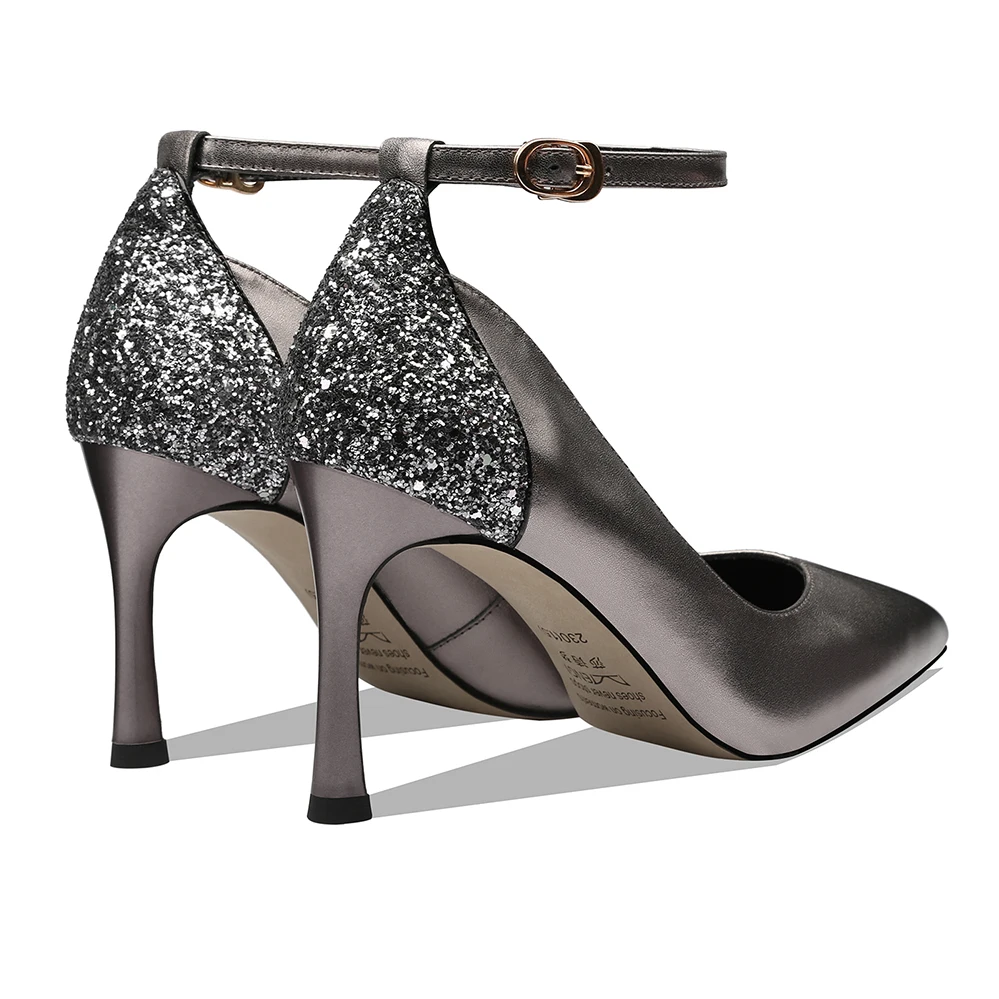 

Sweet Women Thin High Heel Office Shoes Pointed Toe Genuine Leather Ankle Strap Pump Shoes Bling Shallow Spring Shoes Ladies