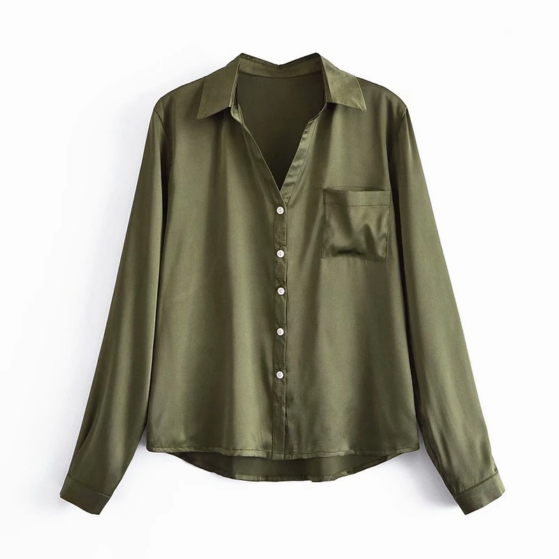 

Loose Casual Shirt Women Spring 2022 New Fashion Long Sleeve Pocket Satin Blouse Modern Girl Top Clothing