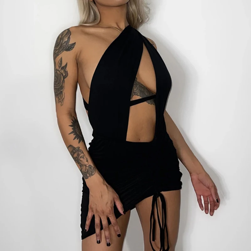 

DSMTRC 2021 без рукавов Бандажное Платье асимметричное платье с лямкой на шее в дырочку, костюм с сексуальным вырезом и открытой спиной, сексуаль...