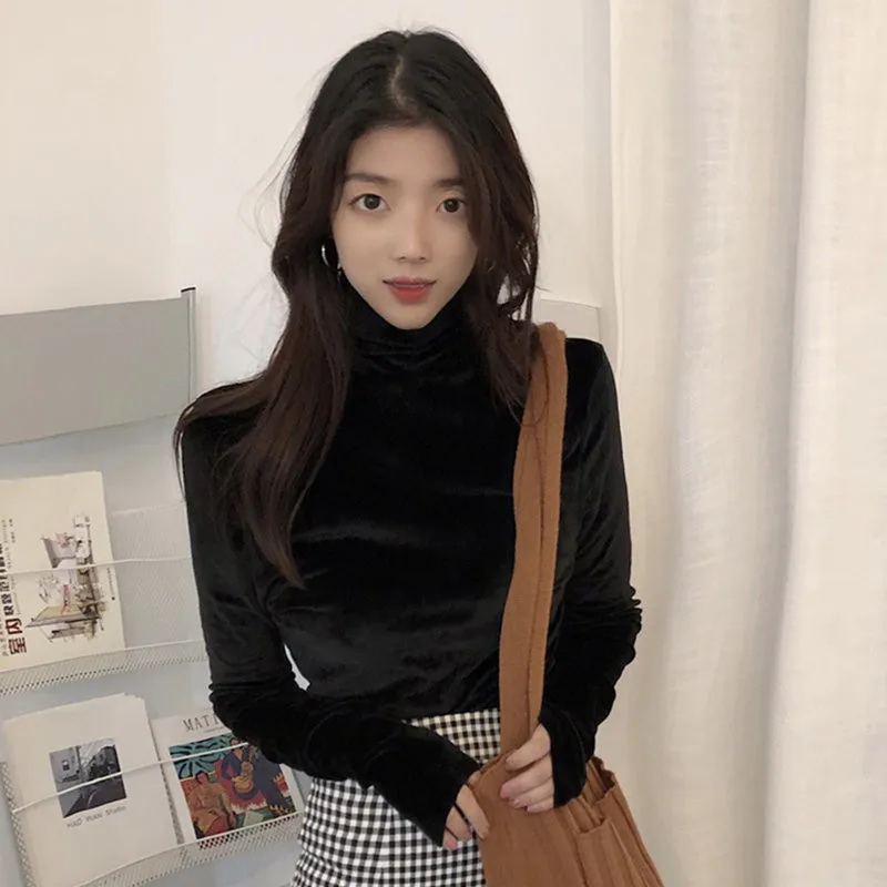 Водолазка бархатная Женская футболка с длинным рукавом пуловеры однотонные