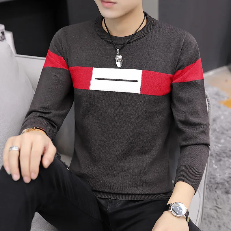 

New autumn Men's top bottoming shirt Trendy Brand Long Sleeve Round Neck Slim Sweater Classic fashion color matching pullover