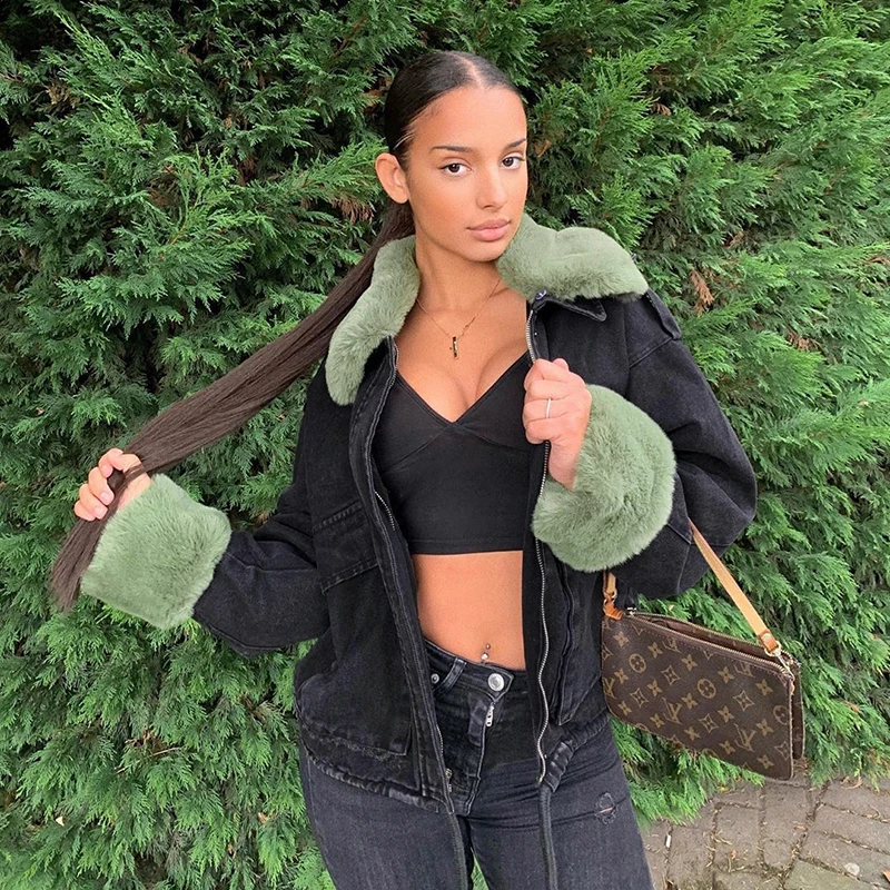 

Rockmore Women'S Denim Jacket Furry Collar Patchwork Plus Size Jean Jacket Women Denim Jackets Open Stitch Long Coats Streetwear