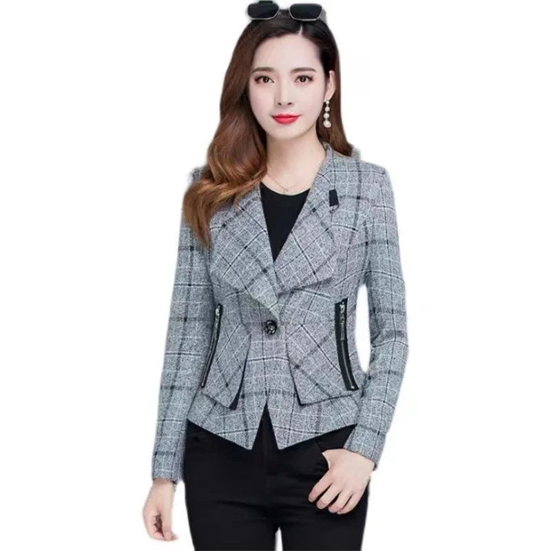 

2021 Spring Autumn Short Plaid Women's Blazer New Korean Elegant Slim Long Sleeve Coat Plus Size Casual Ladies Jacket Tops