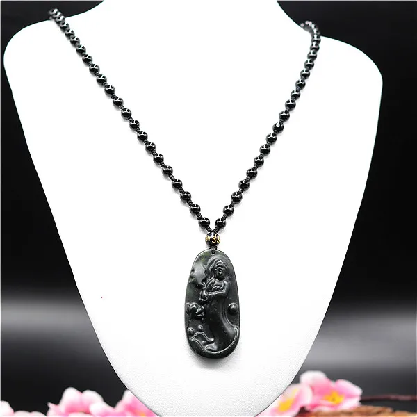 Natural Black Green Chinese Jade Guanyin Pendant Beads Necklace Charm Jewelry Obsidian Accessories Carved Amulet Gifts for Men | Украшения
