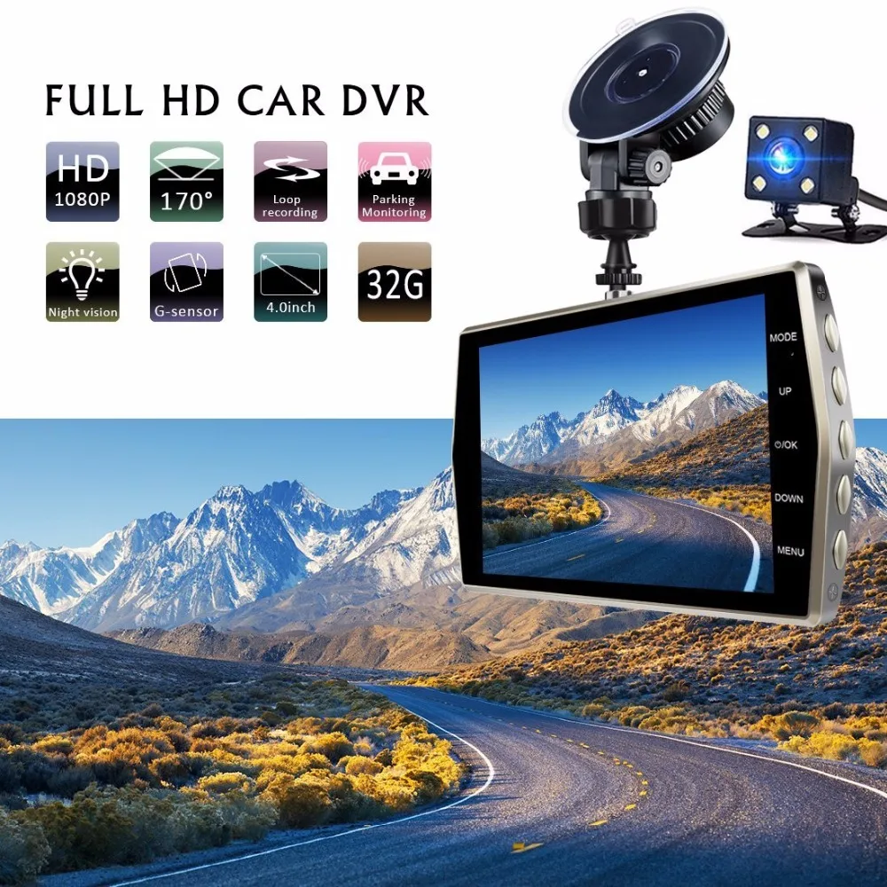 Видеорегистратор Full HD 1080P 4 &quotIPS Автомобильный регистратор с двумя объективами
