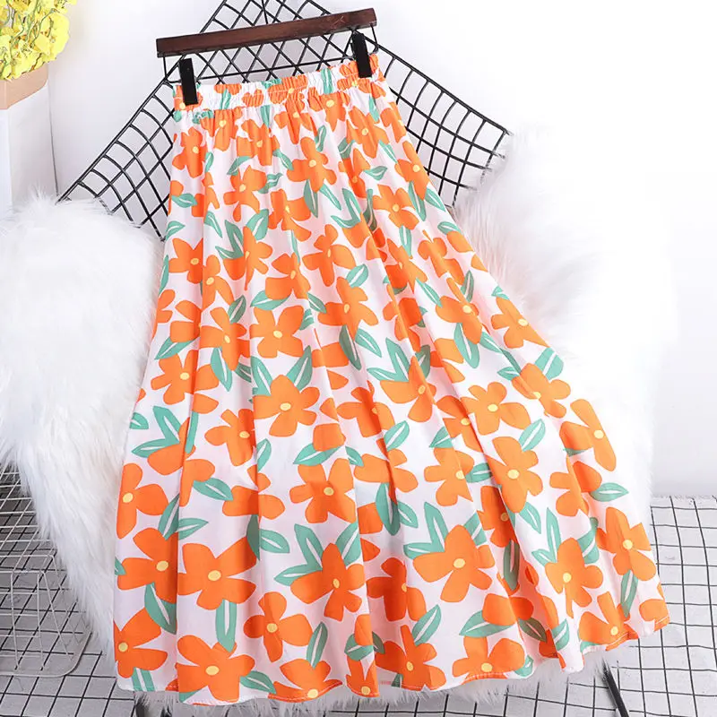 

Women Skirt Spring Autumn Chiffon Cotton Causal Street Elegant Skirt Femme Flower Print High Waist All-match Elastic Waist Skirt