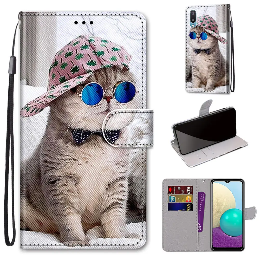 flip leather case for samsung galaxy a02 m02 a02s m02s a01 a11 a12 m12 a32 a52 a72 5g phone case wallet book cover cute cat bag free global shipping