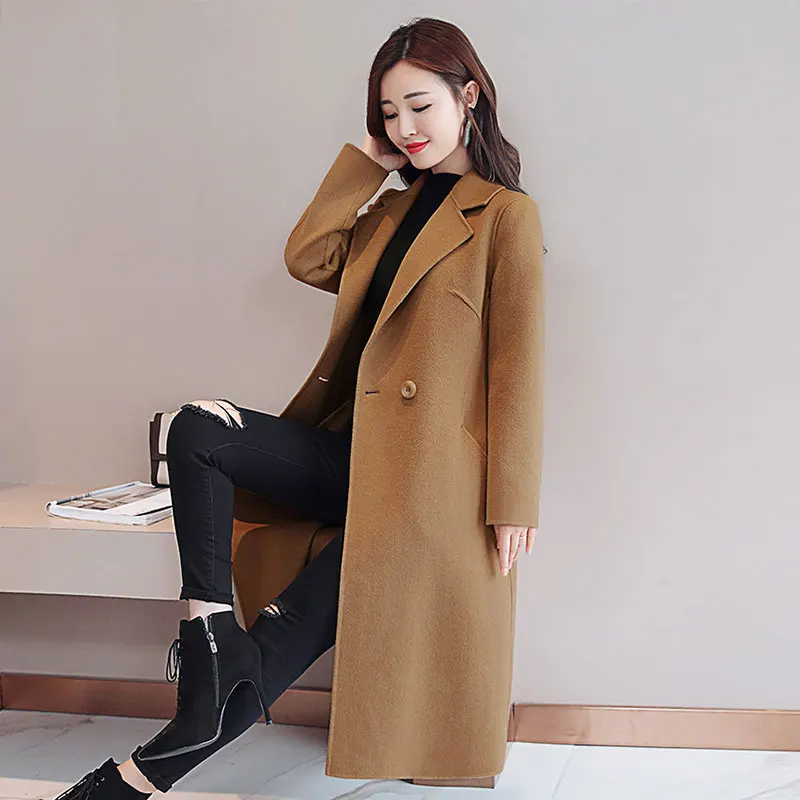 Зимнее элегантное шерстяное пальто женская корейская мода длинная куртка цвета